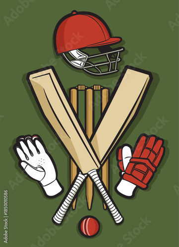 Vector illustration of cricket equipment including bats, wickets, helmet, ball, and gloves
