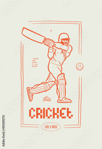 Vintage cricket batsman illustration with bold orange outline and playful text. Vintage sports t-shirt print.