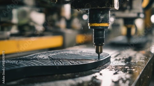 Industrial CNC milling machine engraving intricate patterns on a rubber shoe sole in a footwear manufacturing factory