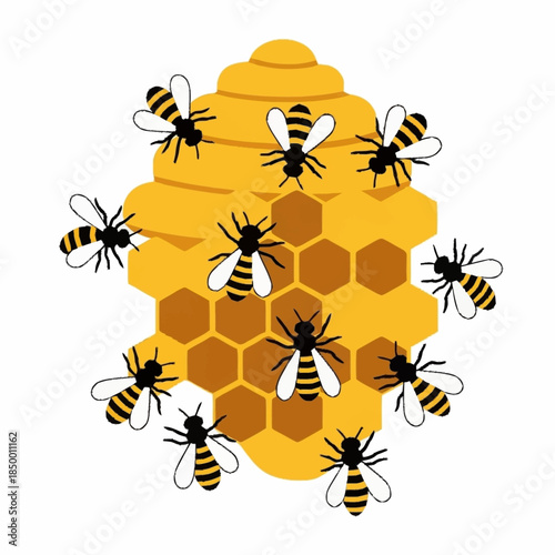 Honeybees Swarming Around a Golden Honeycomb Hive Illustration.