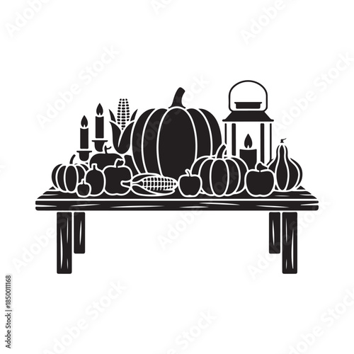A simple black and white illustration of a harvest table setting