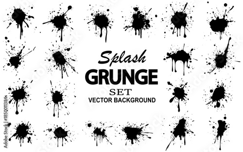 Vector black and white ink splash, blot and brush stroke, spot, spray, smudge, spatter, splatter, drip, drop, ink blob Grunge textured. Ink splash and stain set