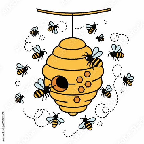 Cartoon illustration of a beehive with bees flying around it.