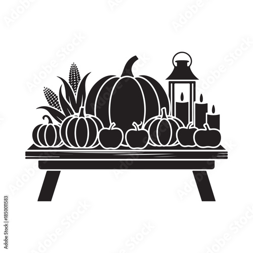 A simple black and white illustration of a harvest table setting