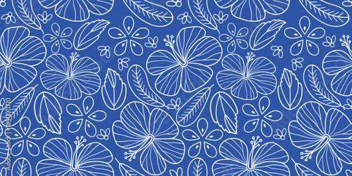 Hibiscus print. Botanical Seamless pattern. Exotic Hibiscus pattern. Motif for Hawaiian shirt, Aloha shirt in summer. Beautiful white floral, leaf patterns blue background. hand drawn hibiscus flower.