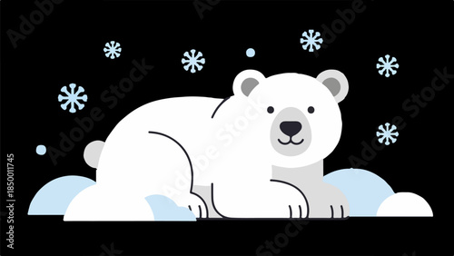 Polar bear on light blue ice with white snowflakes on black background