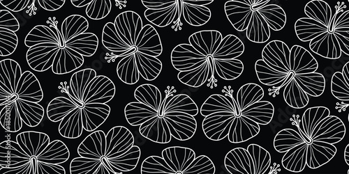 Hibiscus pattern. Botanical Seamless pattern. Exotic Hibiscus. Motif for Hawaiian shirt, Aloha shirt in summer. Beautiful floral patterns Monochrome background. hand hibiscus drawn flower.