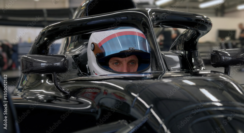 Fototapeta premium A fast racing car stands in the pitlane garage before the race