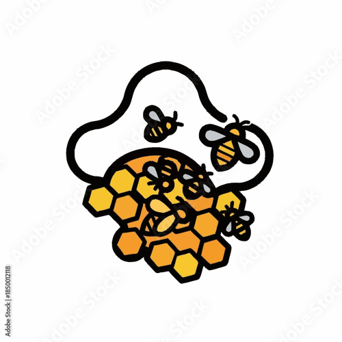 Honeybees buzzing around a vibrant honeycomb in a simple, illustrative style.