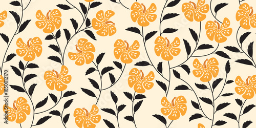 Hibiscus pattern. Botanical Seamless pattern. Exotic Hibiscus. Motif Hawaiian shirt, Aloha shirt summer. Beautiful Yellow floral, leaf patterns, background. hand drawn hibiscus flower.Colorful fashion