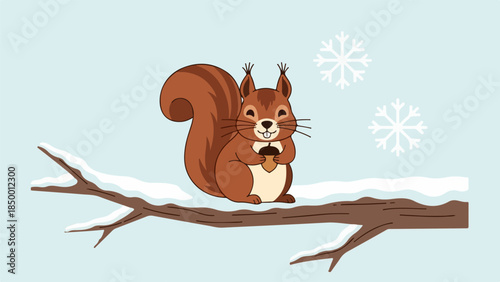 Close-up of a squirrel on a snow-dusted branch in a winter scene