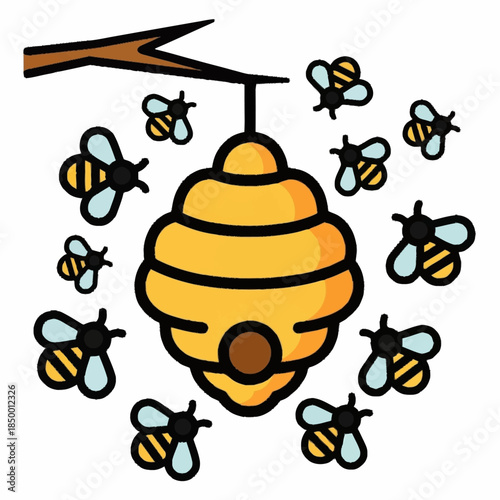 Cartoon illustration of a beehive hanging from a branch surrounded by flying bees.