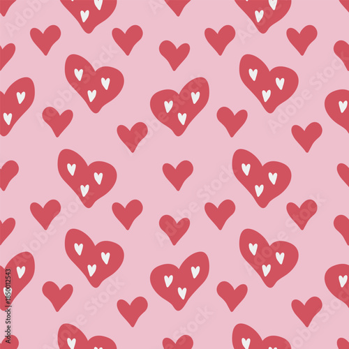Cute hand drawn seamless pattern with red and pink hearts. Valentines Day romantic vector background for greeting cards, wedding invitations and prints.