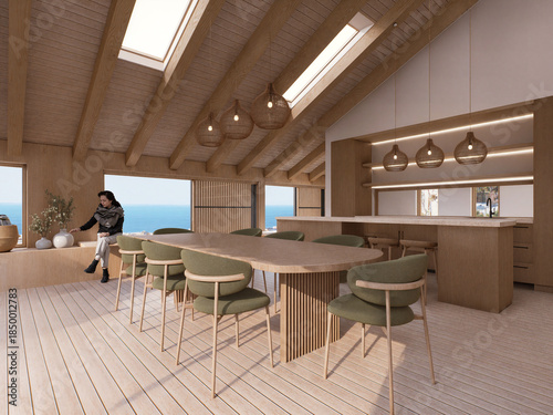Photos Interior moderno y luminoso de estilo nórdico: sala-comedor integrada, tonos neutros, madera clara, mobiliario minimalista y luz natural que genera un ambiente cálido y funcional