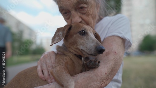 Senior 90-year-old woman with gray hair and deep wrinkles sits outdoors In assisted living facility on bench with small dachshund dog. Old female hugs and cuddles pet in the park on a bench.