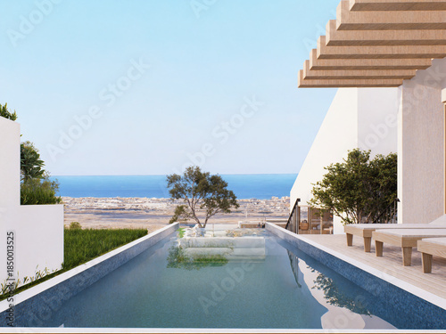 Casa mediterránea en Ibiza: muros blancos, volúmenes simples, piedra natural y madera, grandes terrazas, patios abiertos y conexión interior-exterior bajo una luz cálida y relajada.
