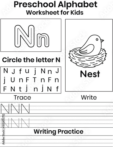 Preschool alphabet worksheet for kids to learn letter N tracing and writing