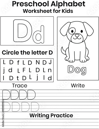 preschool alphabet worksheet for kids with dog  educational activity sheet