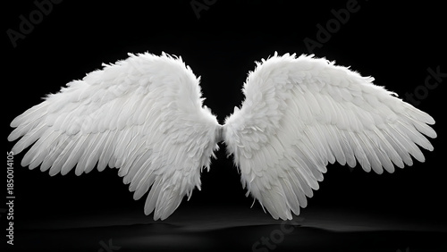 Graceful white angel wings spread symmetrically against a deep black background, each feather soft, layered, and luminous