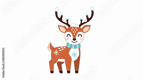 Illustrated reindeer with light blue snowflakes on antlers and matching scarf on beige background