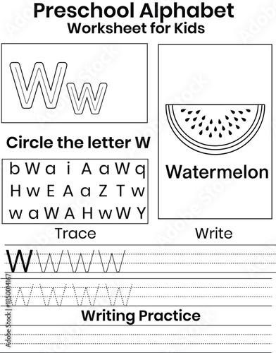 Preschool Alphabet Worksheet with Watermelon Illustration for Kids Learning Activities