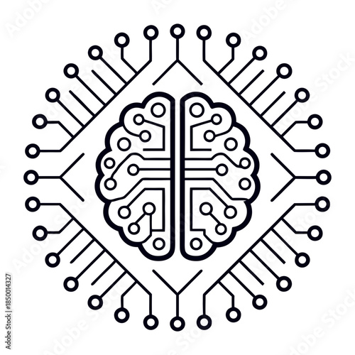 Brain inside Circuit:  An abstract illustration showcasing a stylized human brain enclosed within an integrated circuit, representing the fusion of intellect and technology.