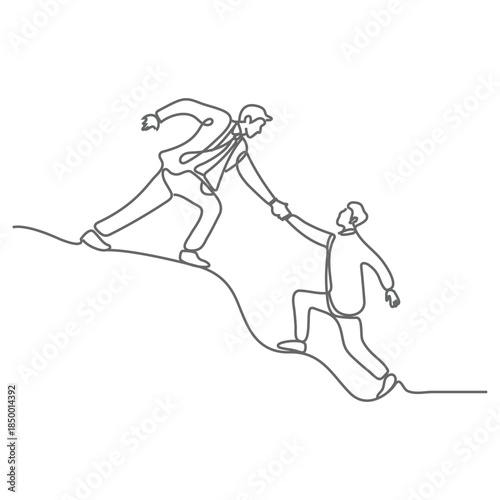 Single continuous one line drawing of a happy businessman helping his colleague rise from failure, minimalist teamwork and support vector with white background.