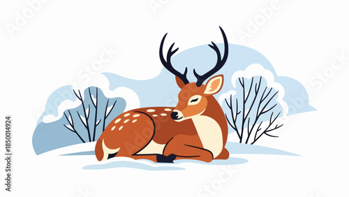 Solitary deer resting in a serene winter landscape with snow-covered ground and bare trees