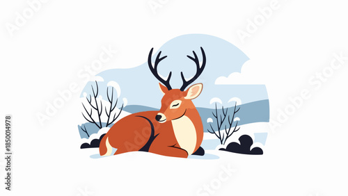 Solitary deer resting in a snowy winter landscape with bare trees and blue hills