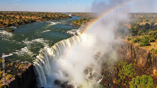 Aerial view of victoria falls with rainbow and misty waterfall in zimbabwe africa 4k video