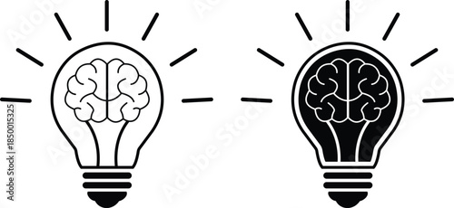 Creative Idea Light Bulb Icon Set with Brain, Black and White Vector