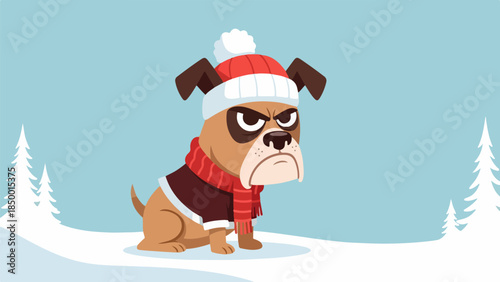 Bulldog wearing a red and white knit hat and scarf in a winter landscape