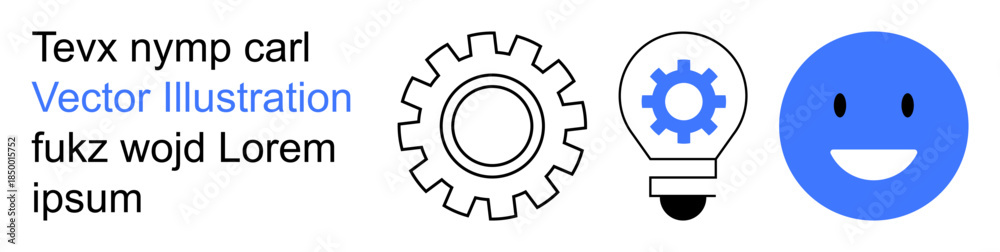 Fototapeta premium Technology, innovation, creativity, optimism, problem-solving, simplicity. Gear, lightbulb and happy face icons in black and blue. Innovation and creativity concepts demonstrated visually