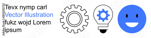 Technology, innovation, creativity, optimism, problem-solving, simplicity. Gear, lightbulb and happy face icons in black and blue. Innovation and creativity concepts demonstrated visually