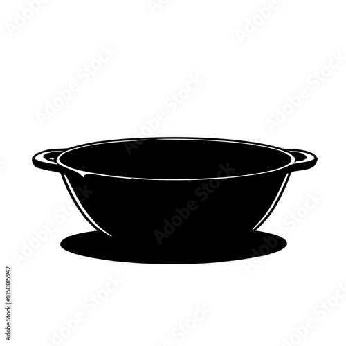 Black silhouette soup bowl icon with two handles (vector, flat design)