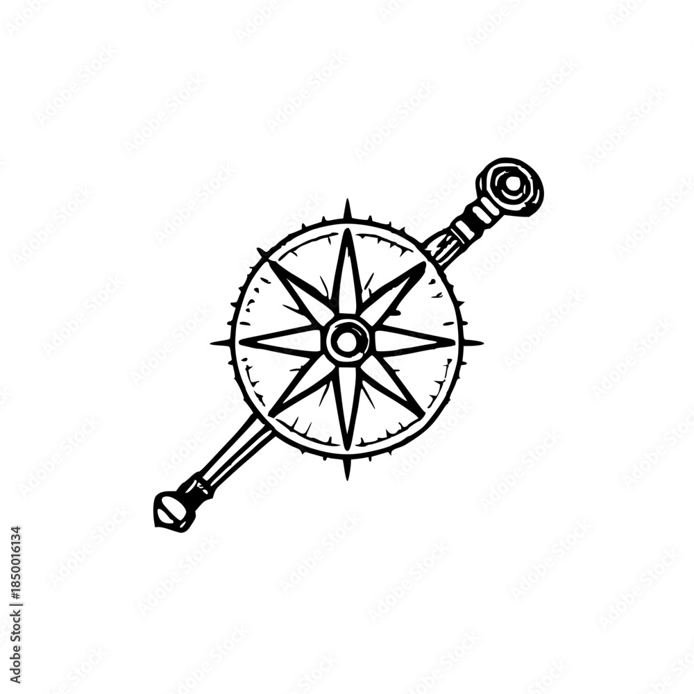 Obraz premium Compass rose icon with circular dial and diagonal shaft – vector line art
