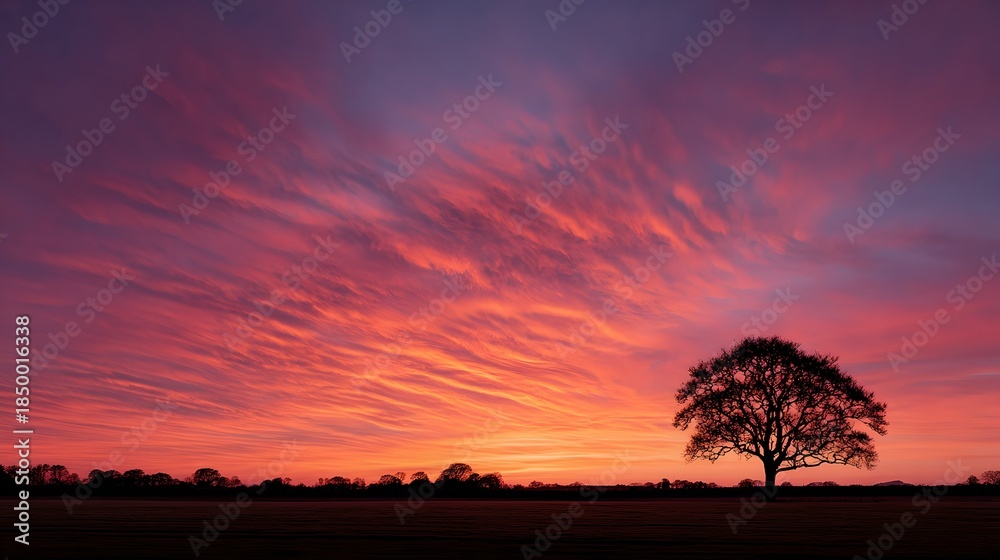 Fototapeta premium Beautiful vibrant sunset sky over tranquil landscape with colorful clouds and silhouette of trees creating scenic outdoor scenery and peaceful evening atmosphere