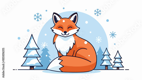 Red fox sitting in a winter forest with snowflakes and coniferous trees