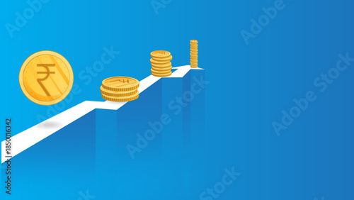 Digital illustration depicting Indian Rupee coins on an ascending white line against a blue background, symbolizing financial growth and investment.
