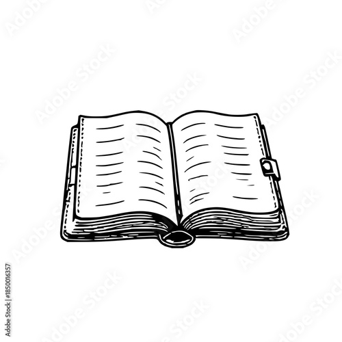 Open book line art illustration with detailed pages and binding, monochrome sketch