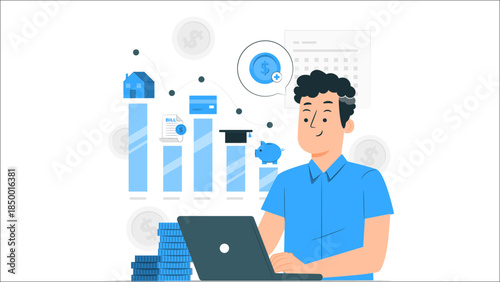 A man managing personal finances and investments on a laptop with bar charts representing assets like a house, car, education, and savings.