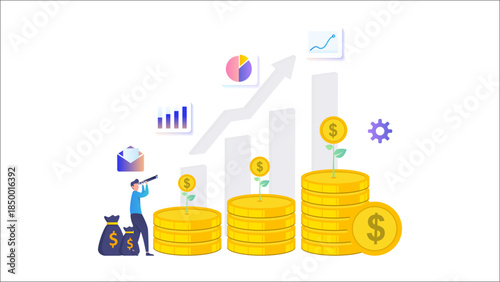 A person observing financial growth and investment strategy with rising coin stacks and charts, symbolizing economic progress.