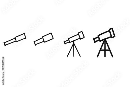 Simple line art progression of telescopes from handheld to tripod mounted