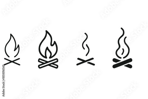 Collection of stylized campfire icons with varying flame intensity and smoke
