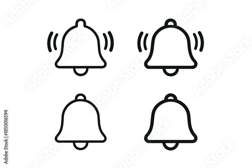 Set of four bell icons, two ringing and two silent, in a clean outline style