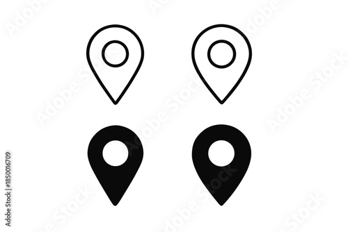 Set of two outline and two solid black map pin icons on a white background