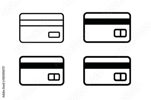 Set of four simple credit card icons with magnetic stripe and chip area