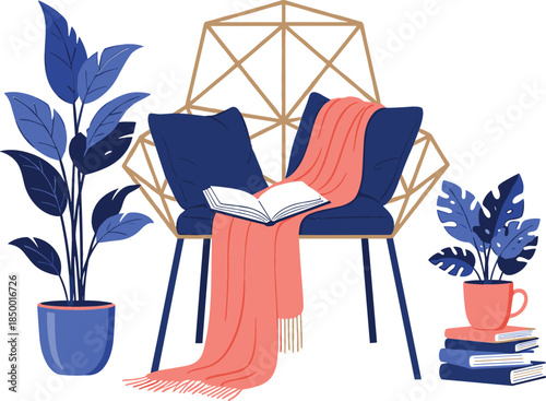 Cozy reading nook interior with modern armchair pink blanket open book and potted house plants flat vector illustration