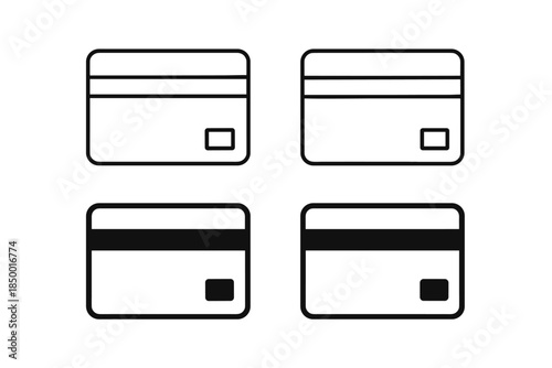 Set of credit card icons showing front and back views with magnetic stripe