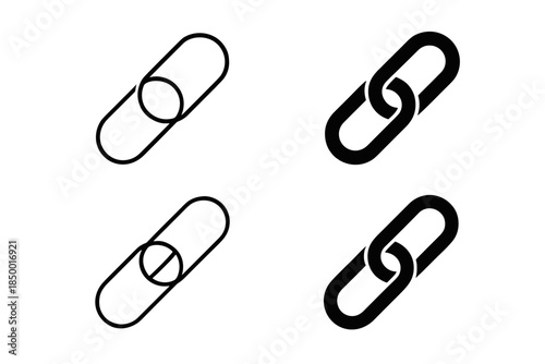 Set of four chain link icons, two outline and two solid, representing connection and unity